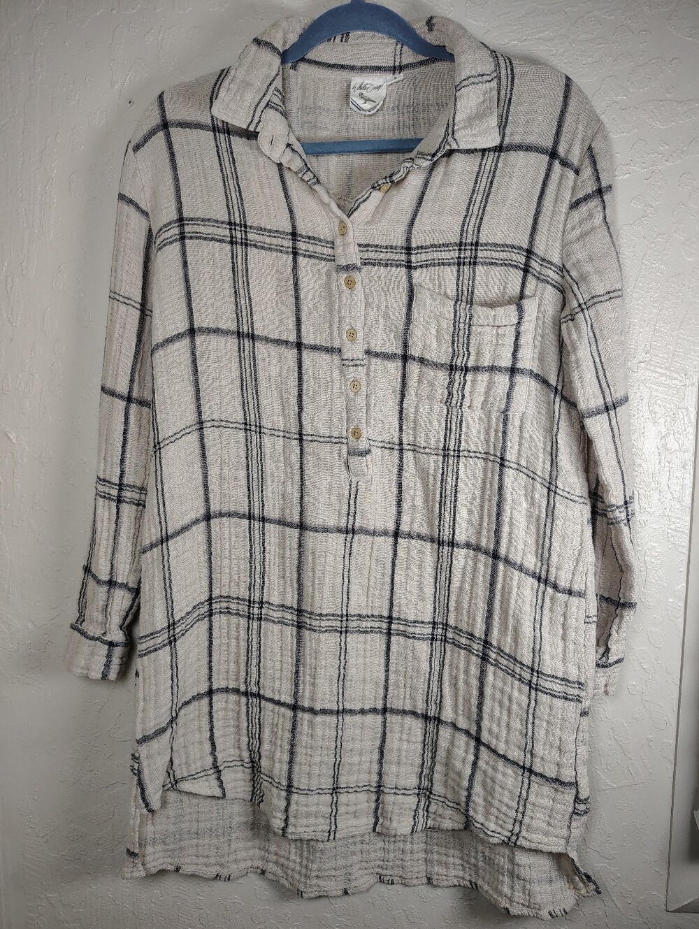 White Crow Plaid Shirt Dress / Tunic Size M crinkled cotton gauze